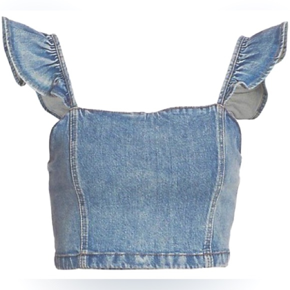 Alice + Olivia Kiley Denim Flutter Sleeve Crop Top